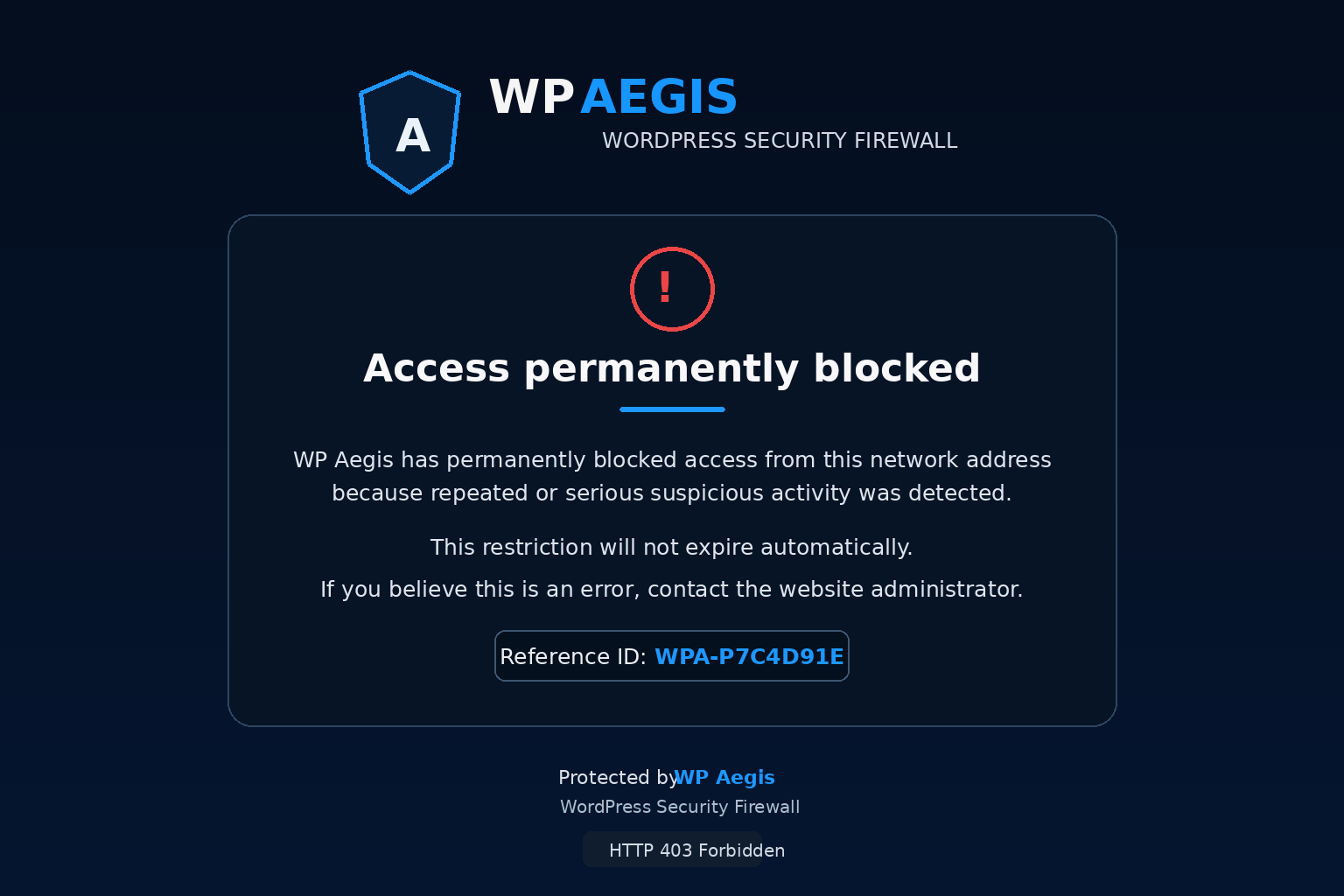 Concept of the WP Aegis permanent HTTP 403 block page
